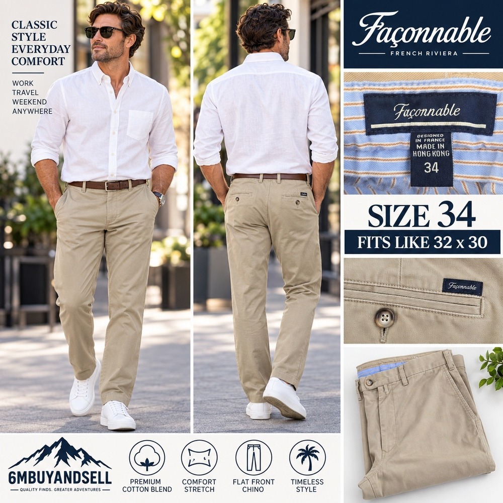 Faconnable Mens Khaki Chino Pants Size 34 Tan Flat Front Cotton Stretch Trousers